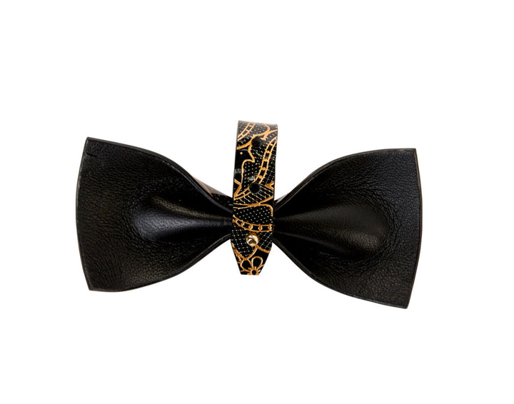 Black &amp; Gold Floral Print Patent Italian Leather Bowtie