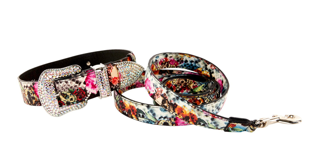 Floral, Scull, Snake Print Italian Leather/Swarovski Crystal Collar &amp; Leash Set