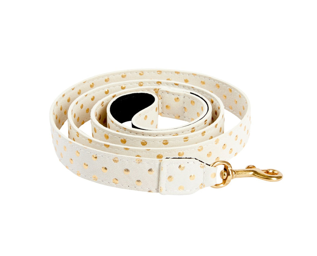 White &amp; Gold Polka Dot Italian Leather Leash