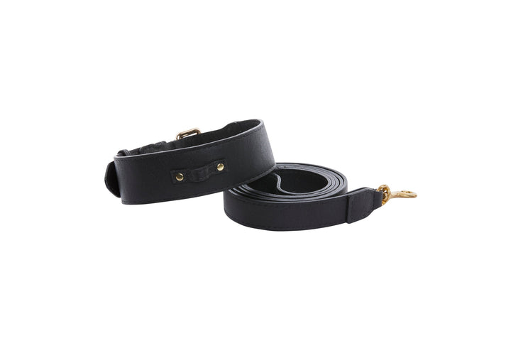 Classic Black Italian Leather Collar &amp; Leash Set