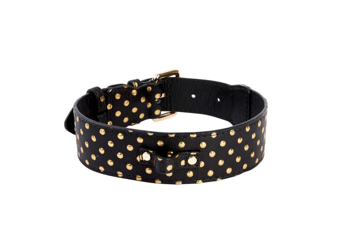 Black &amp; Gold Polka Dot Italian Leather Classic Collar