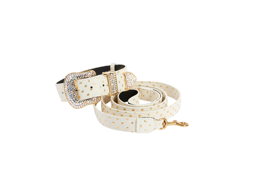 White and Gold Polka Dot Italian Leather/Swarovski Crystal Hardware Collar &amp; Leash Set