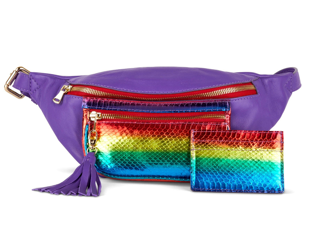 Rainbow Snake, Purple Italian Leather Fanny Pack &amp; Wallet Set