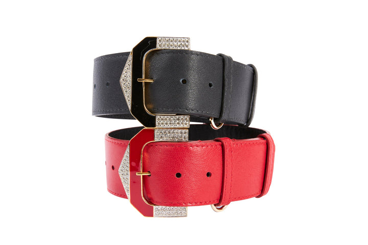 Black Italian Leather &amp; Red Italian Leather Collar Set With Custom Hollywood Glam Italian Hardware