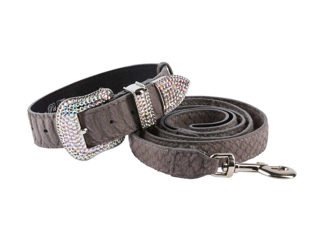 Dark Grey Snake Print Hair On Hide Italian Leather Collar &amp; Leash Set With Swarovski Crystal Hardware