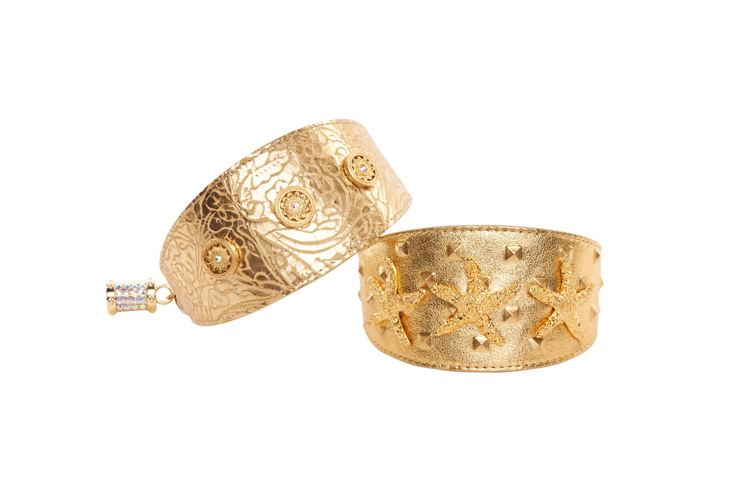 Set Of Gold Floral Italian Leather With Swarovski Sunflowers &amp; Gold Studded Italian Leather Starfish  3” Wide Style Collars