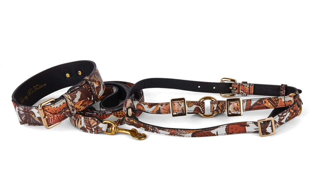 Butterfly Print Italian Leather Classic Collar, Leash &amp; Harness Set