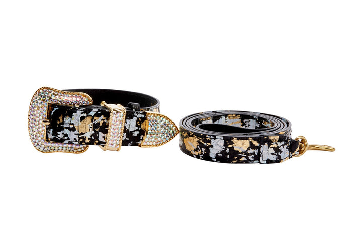 Black, Gold, Silver Iridescent Snake Collar &amp; Leash Set With Swarovski Crystal Hardware