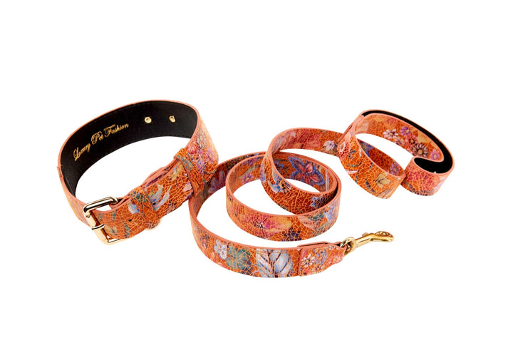 Orange Floral Italian Leather Classic Collar &amp; Leash Set