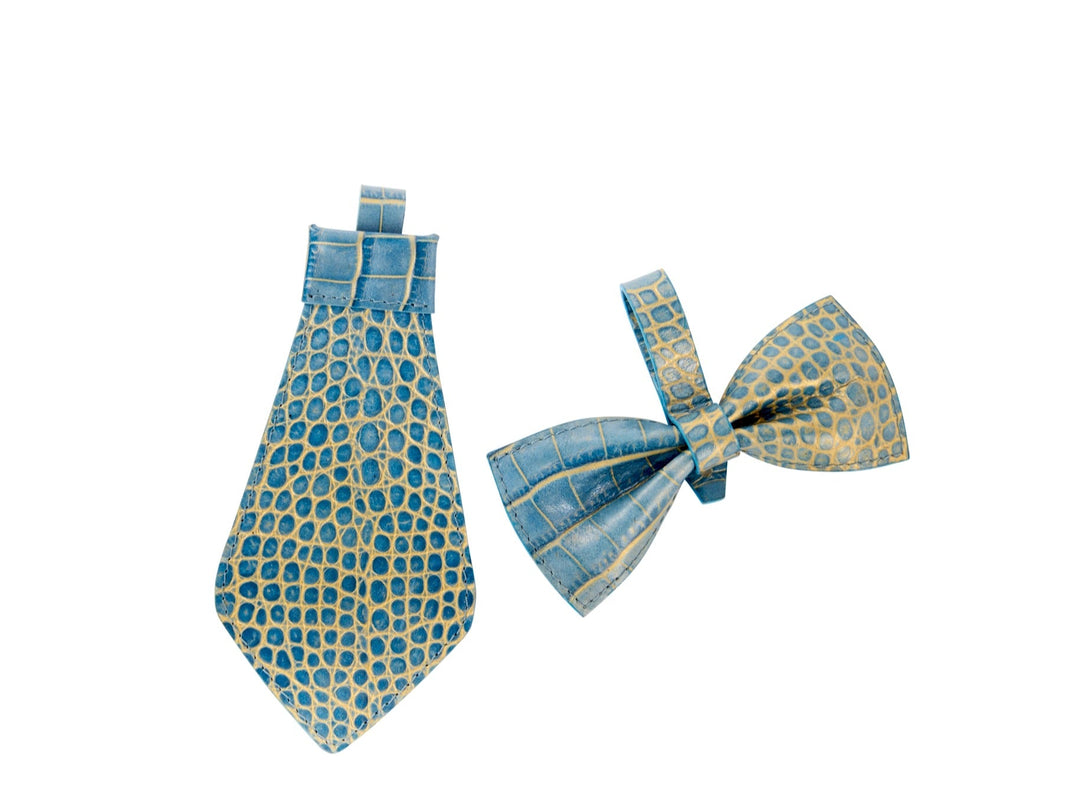 Blue &amp; Gold Embossed Croc Italian Leather Tie &amp; Bow tie Set