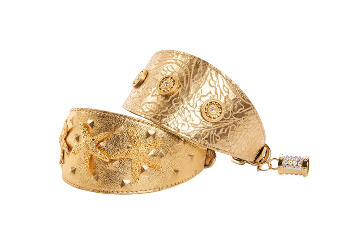 Set Of Gold Floral Italian Leather With Swarovski Sunflowers &amp; Gold Studded Italian Leather Starfish  3” Wide Style Collars