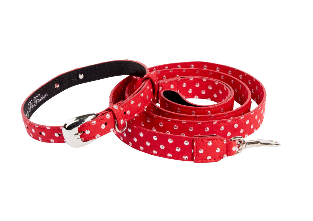 Red &amp; Silver Polka Dot Italian Leather Collar &amp; Leash Set With Silver Oval Hardware