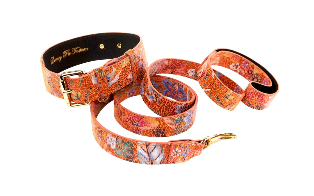 Orange Floral Italian Leather Classic Collar &amp; Leash Set