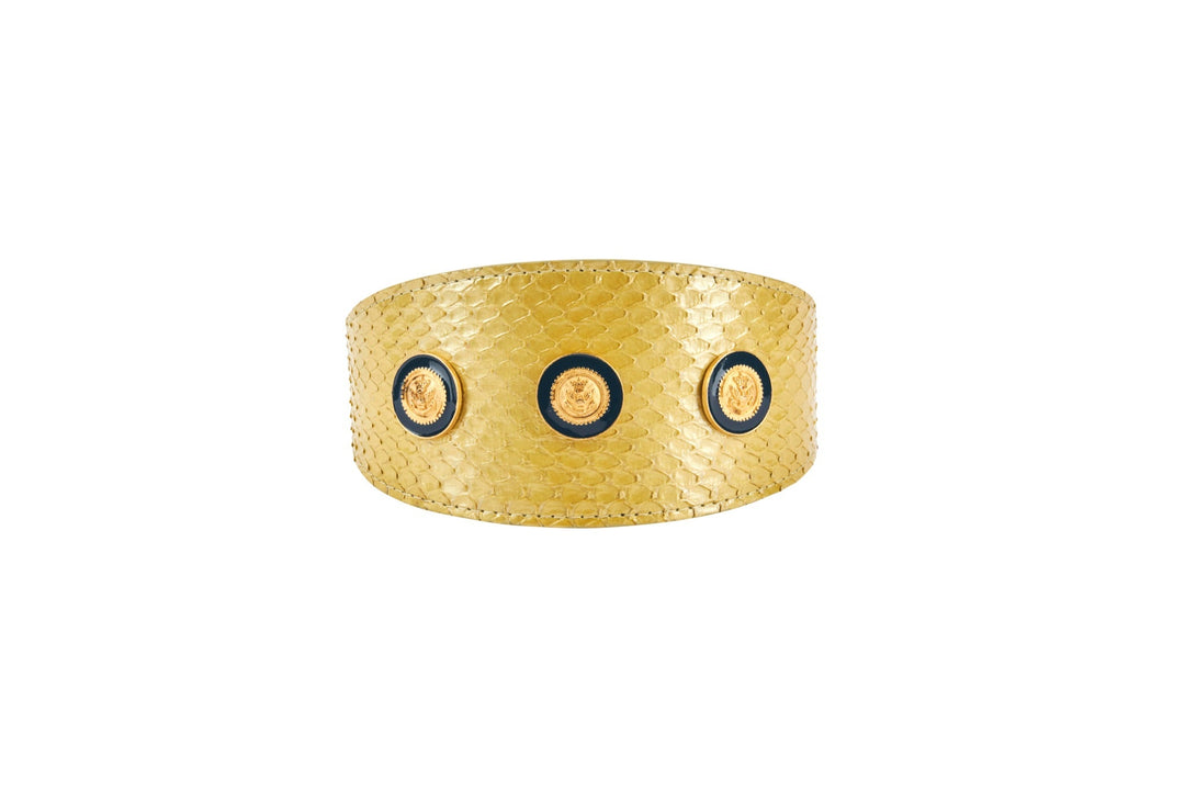 Pearl Yellow Snake With Vintage Gold &amp; Navy Rivets. 3” Wide Style Collar