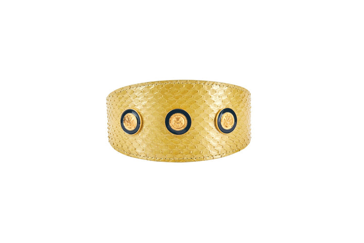 Pearl Yellow Snake With Vintage Gold &amp; Navy Rivets. 3” Wide Style Collar