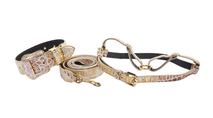 Silver/Bronze/Gold Italian Leather Embossed Croc Swarovski Crystal Collar, Leash &amp; Harness Set