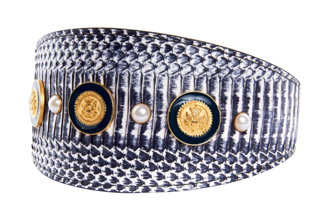 Nautical Collection. White &amp; Navy Snake With Nautical Navy &amp; Gold Rivets &amp; Pearls