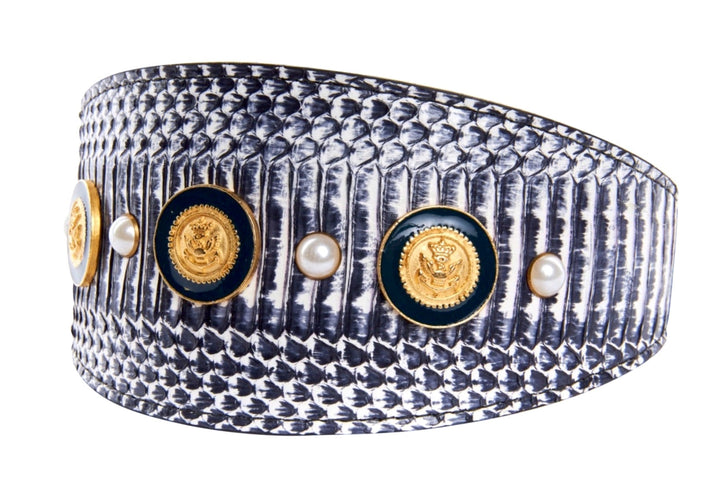 Nautical Collection. White &amp; Navy Snake With Nautical Navy &amp; Gold Rivets &amp; Pearls