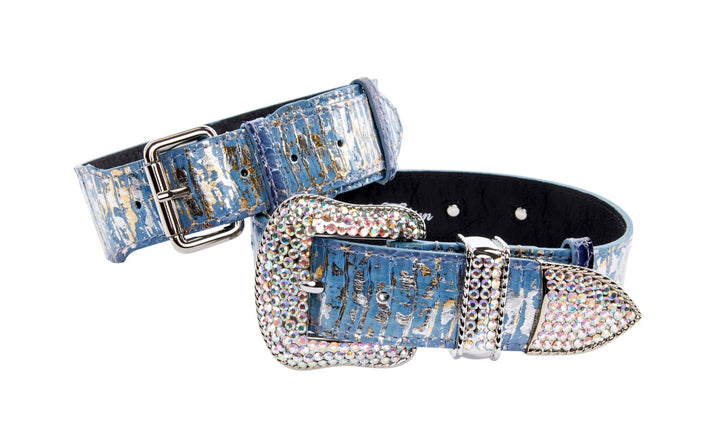 Light Blue/Dark Blue Silver Iridescent Snake Classic Collar &amp; Swarovski Crystal Collar Set