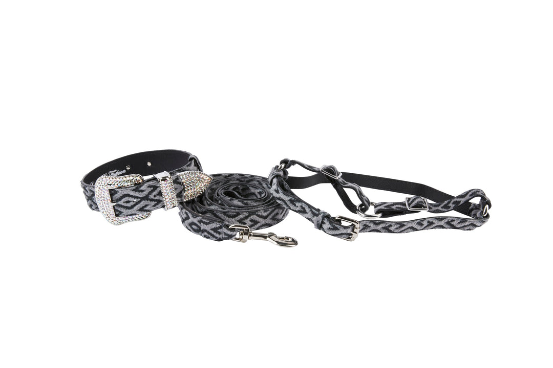 Blue Jean Color Patterned Hair On Hide Italian Leather Silver Swarovski Crystal Hardware Set