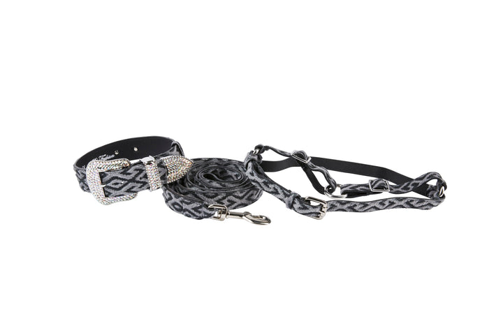 Blue Jean Color Patterned Hair On Hide Italian Leather Silver Swarovski Crystal Hardware Set