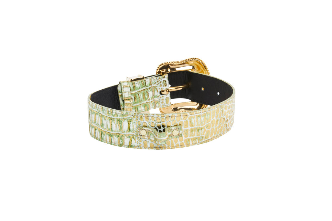 Green &amp; Gold Embossed Croc Italian Leather Swarovski Crystal Collar