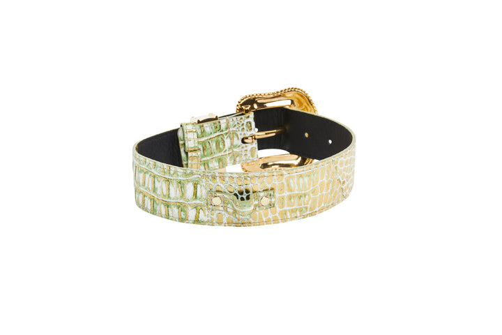 Green &amp; Gold Embossed Croc Italian Leather Swarovski Crystal Collar