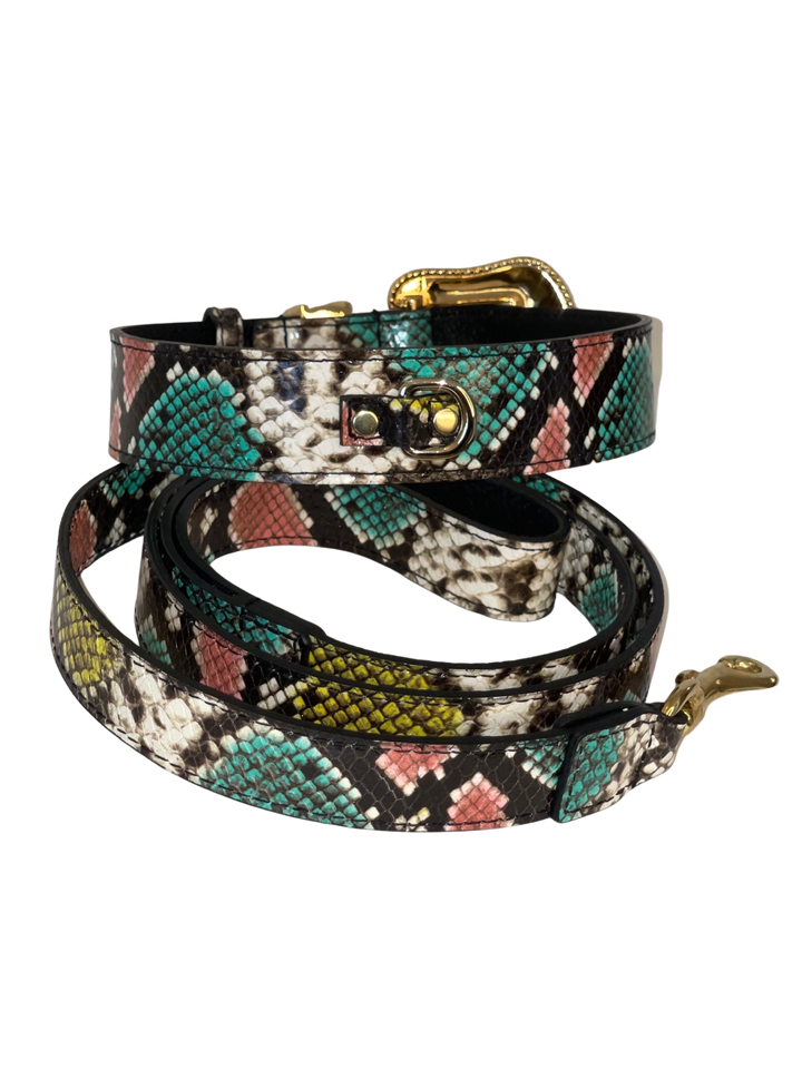 Multi-Color Embossed Snake Italian Leather Collar &amp; Leash Set, with our Italian Made Swarovski Crystal Hardware