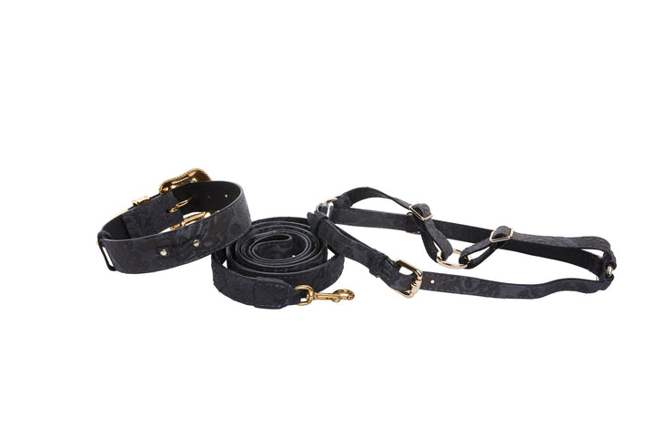 Blue Grey Italian Leather With Velvety Floral Design With Swarovski Crystal Collar, Leash &amp; Harness