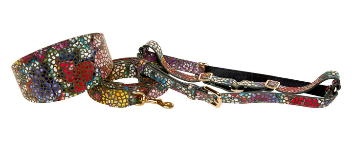 Olive Floral Mosaic Italian Leather 3” Wide Style Collar, Leash &amp; Harness Set