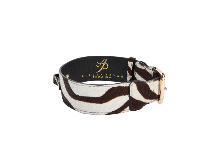 Distressed Brown &amp; White Zebra Print Hair On Hide Classic Collar with Gold Classic Hardware