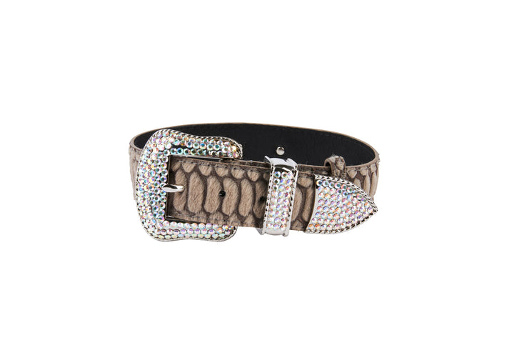 Grey Snake Print Hair On Hide Italian Leather Collar With Swarovski Hardware