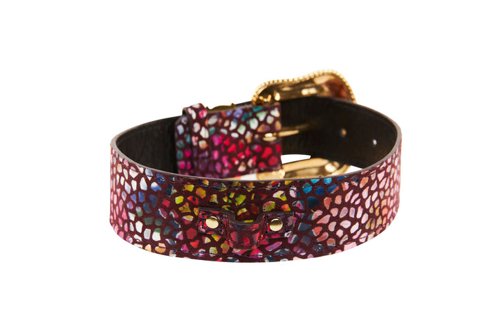 Luxury Pet Fashion Burgundy Floral Mosaic &amp; Black Floral Mosaic Italian Leather With Silver Swarovski Crystal Hardware Collars