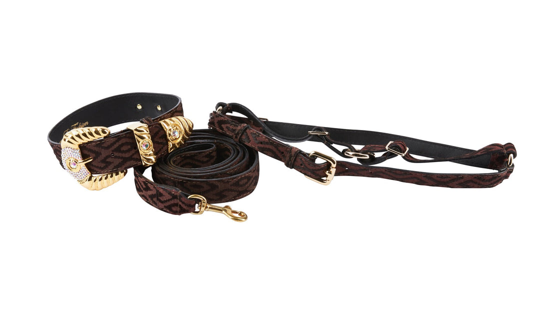 Elegant Black &amp; Brown Pattern Italian Leather Collar With Ornate Italian Swarovski Crystal Hardware Set