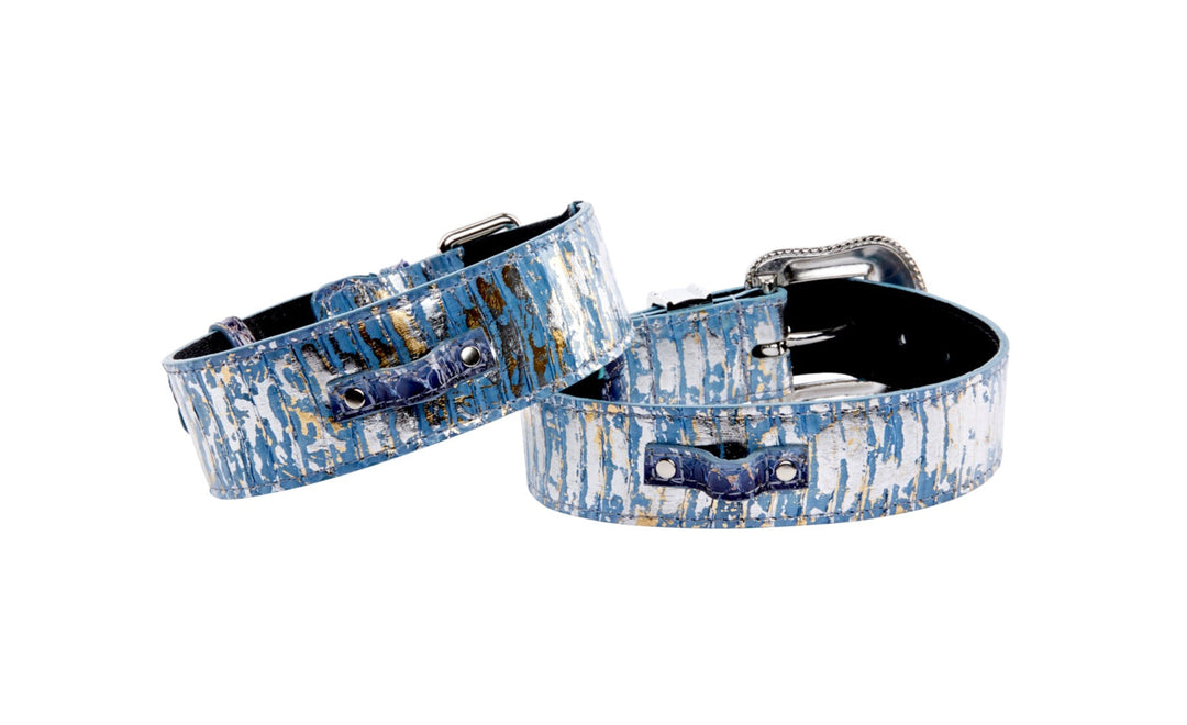 Light Blue/Dark Blue Silver Iridescent Snake Classic Collar &amp; Swarovski Crystal Collar Set