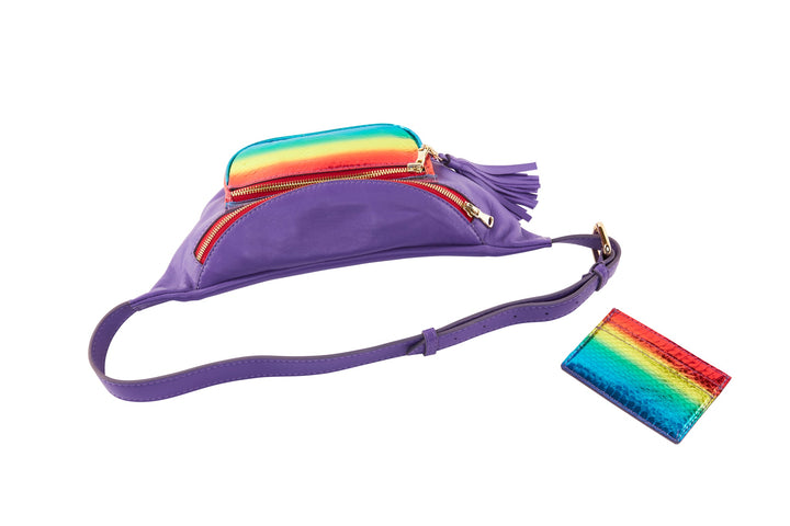 Pride Collection Rainbow Snake/Purple Italian Leather Belt Bag &amp; Matching Rainbow Snake Card Wallet