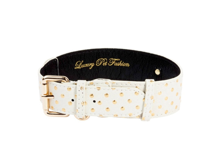 White &amp; Gold Polka Dot Italian Leather Classic Collar