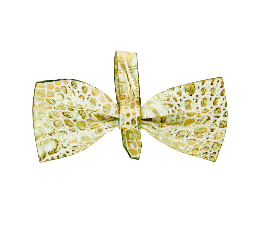 Green &amp; Gold Embossed Croc Italian Leather Bowtie