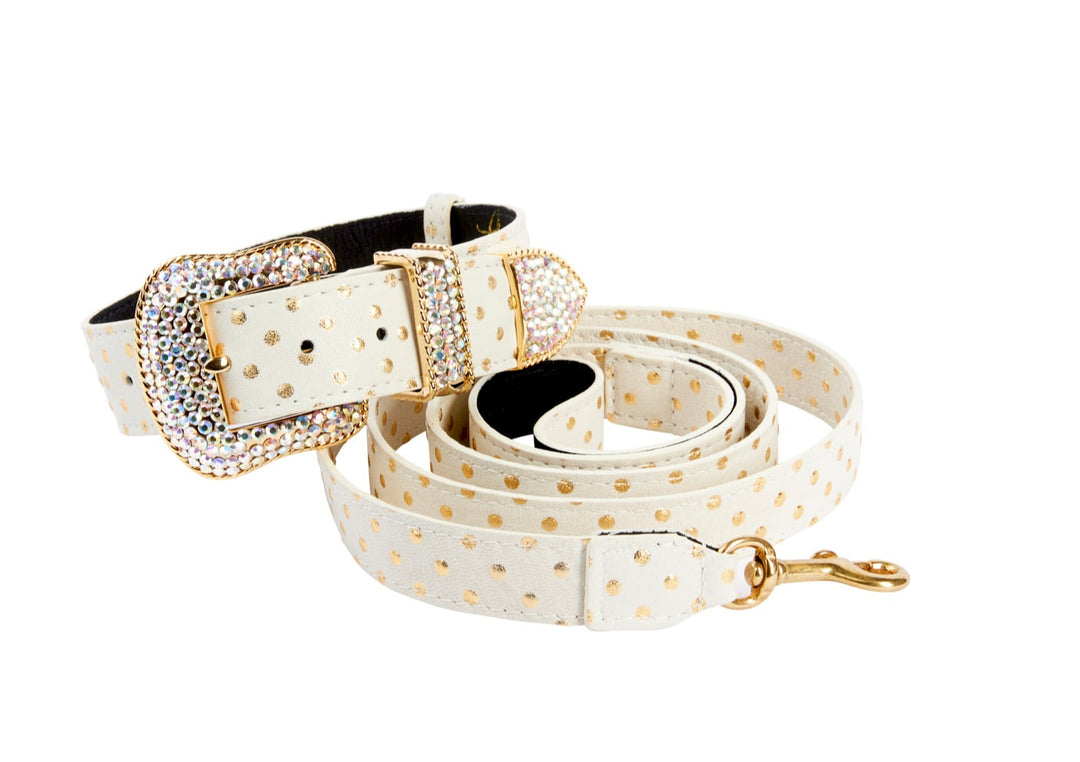 White &amp; Gold Polka Dot Italian Leather Swarovski Crystal Collar &amp; Leash Set
