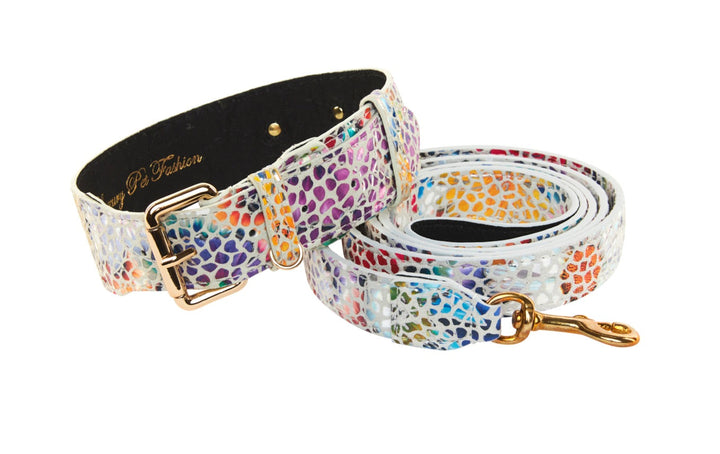 White Floral Mosaic Italian Leather Collar &amp; Leash Set With Gold Classic Hardware