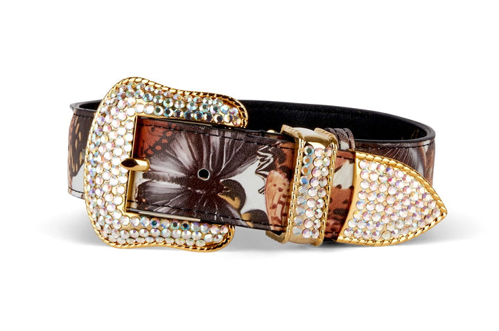 Butterfly Print Italian Leather Collar With Custom Swarovski Crystal Hardware