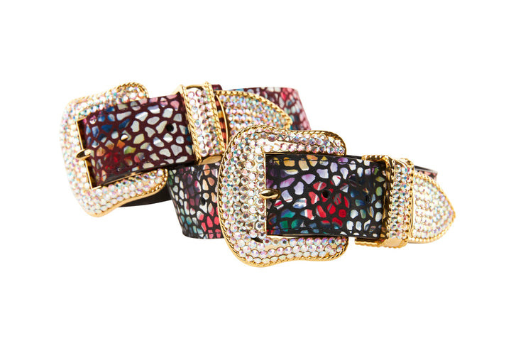 Luxury Pet Fashion Burgundy Floral Mosaic &amp; Black Floral Mosaic Italian Leather With Silver Swarovski Crystal Hardware Collars