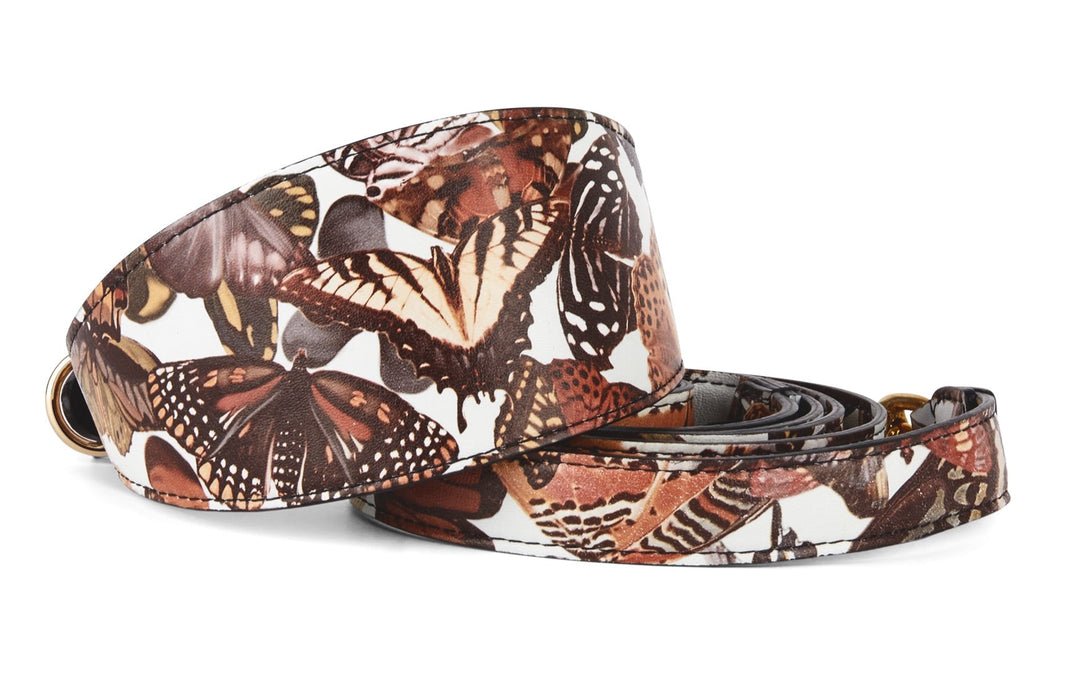 Butterfly Print Italian Leather 3” Wide Style Collar &amp; Matching Leash Set