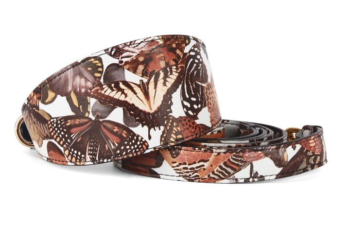 Butterfly Print Italian Leather 3” Wide Style Collar &amp; Matching Leash Set