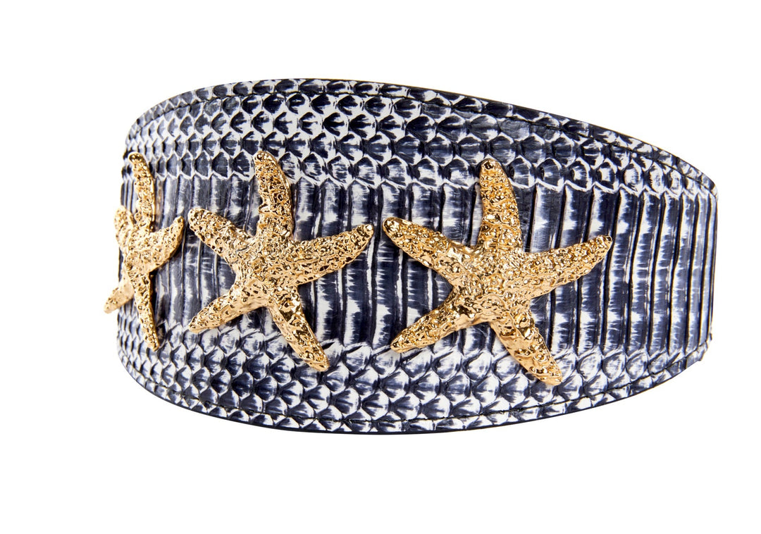 Nautical Collection. White &amp; Navy Snake With Nautical Navy &amp; Gold Rivets &amp; Pearls