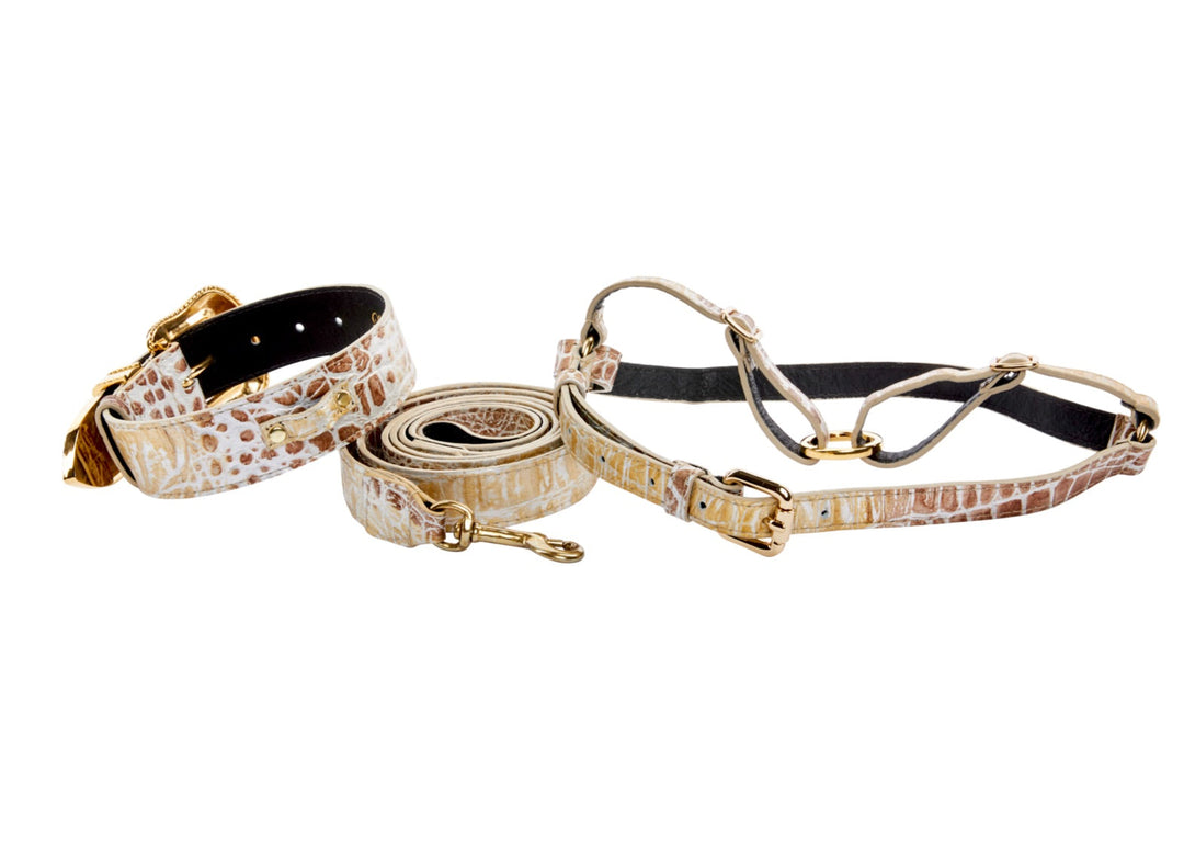 Silver/Bronze/Gold Italian Leather Embossed Croc Swarovski Crystal Collar, Leash &amp; Harness Set