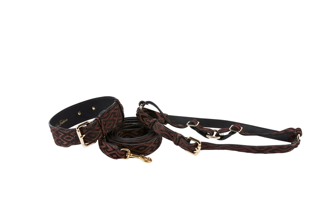 Elegant Black &amp; Brown Pattern Italian Leather Collar &amp; Leash &amp; Harness Set With Classic Hardware