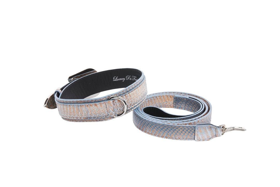 Luxury Pet Fashion Baby Blue/Blue/Bronze Snake Collar &amp; Leash Set, Finished with   Silver Floral Western Hardware