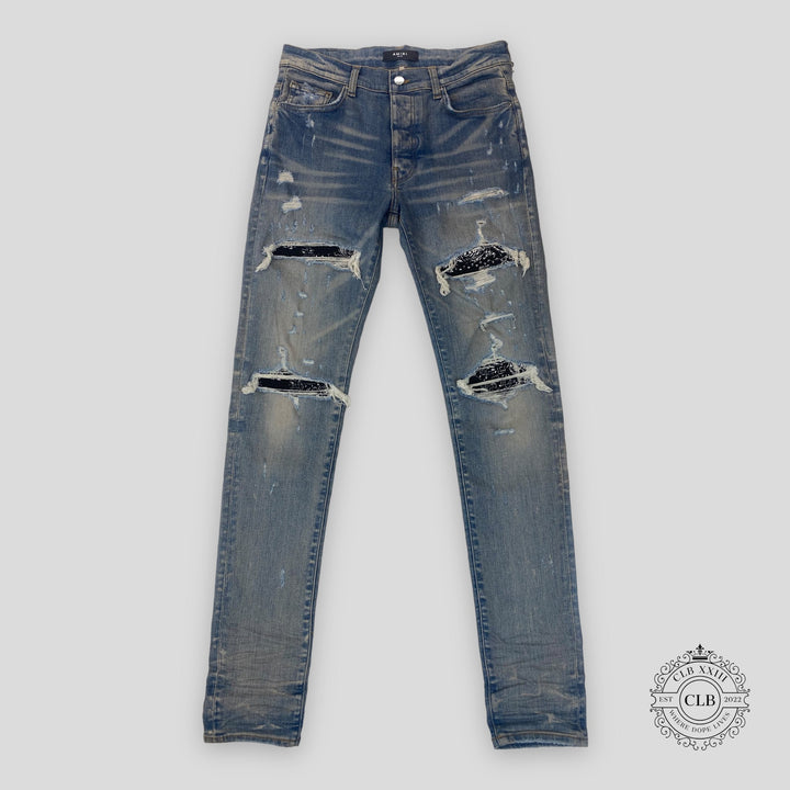 Amiri MX1 Black Bandana Patch Jeans in Clay/Indigo