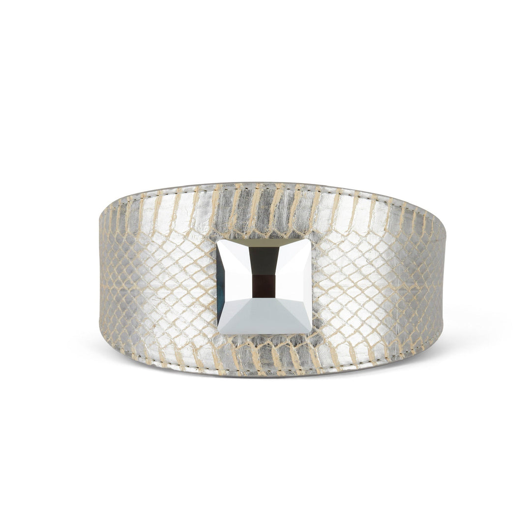 Glamorous Silver Snake 3” Wide Style Collar With Large Silver Swarovski